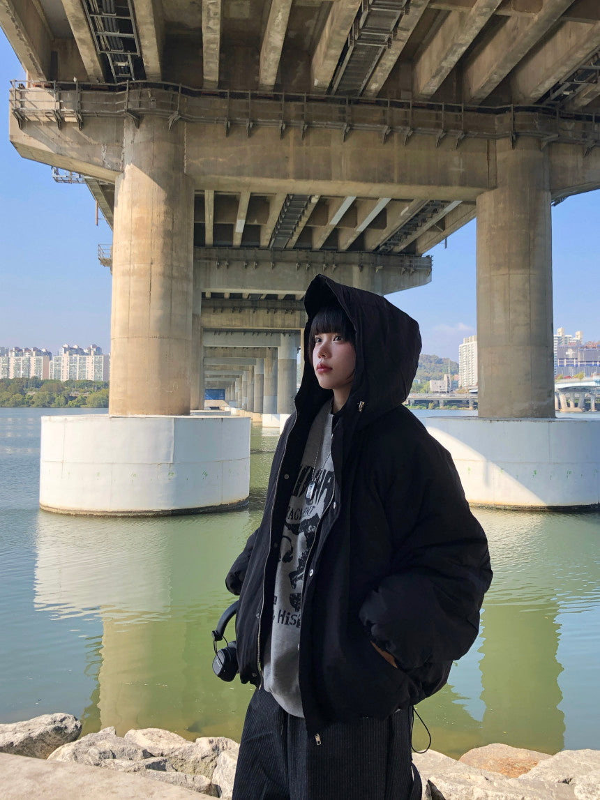 可調抽繩 雙拉鍊 極簡 寬鬆 連帽 羽絨外套 / 3色