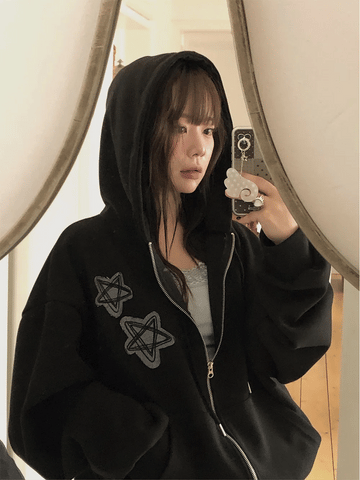 復古 星星刺繡 雙拉鍊 寬鬆 連帽外套 / 2色