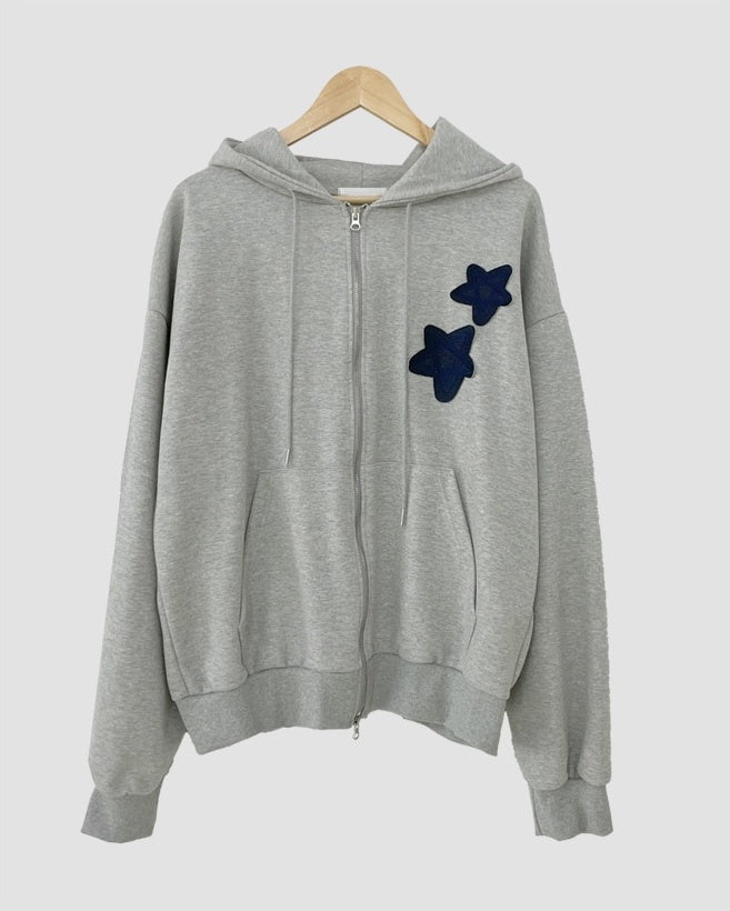 復古 星星刺繡 雙拉鍊 寬鬆 連帽外套 / 2色