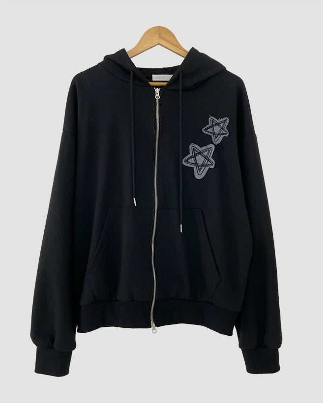 復古 星星刺繡 雙拉鍊 寬鬆 連帽外套 / 2色