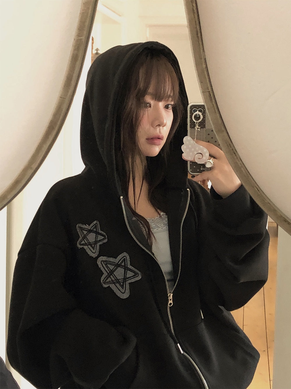 復古 星星刺繡 雙拉鍊 寬鬆 連帽外套 / 2色