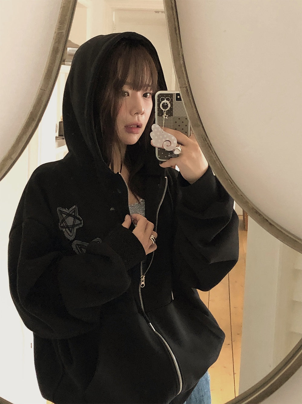 復古 星星刺繡 雙拉鍊 寬鬆 連帽外套 / 2色