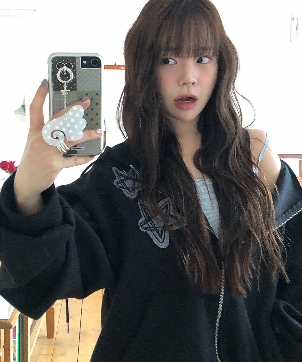 復古 星星刺繡 雙拉鍊 寬鬆 連帽外套 / 2色