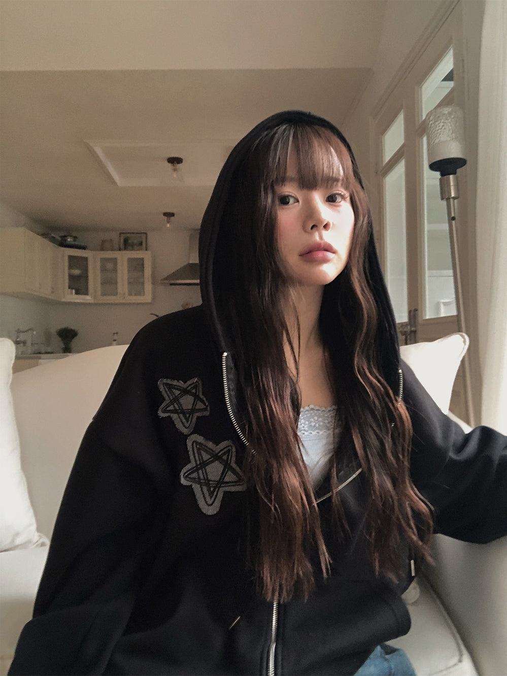 復古 星星刺繡 雙拉鍊 寬鬆 連帽外套 / 2色