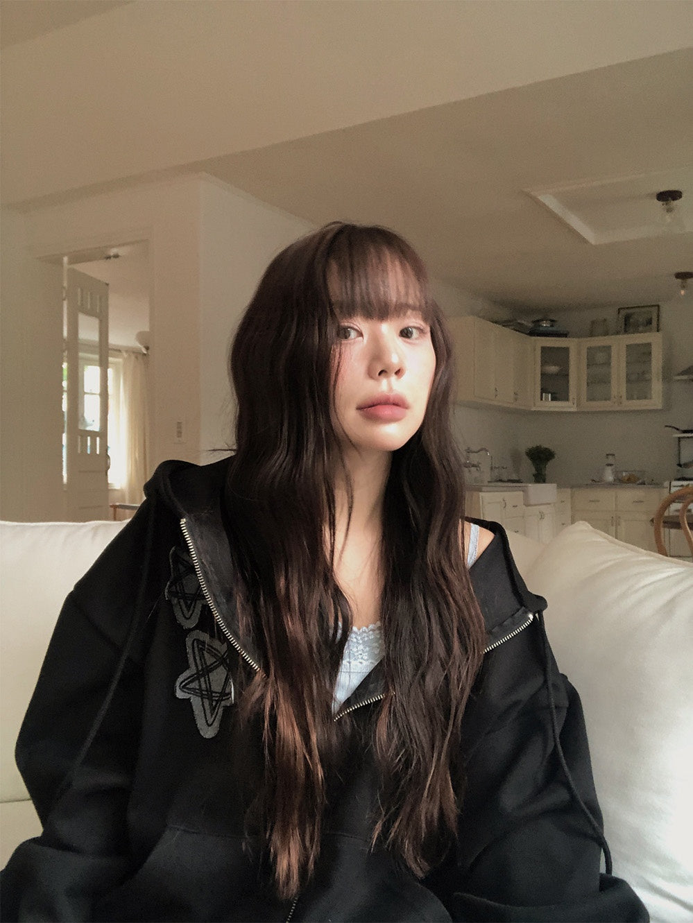 復古 星星刺繡 雙拉鍊 寬鬆 連帽外套 / 2色