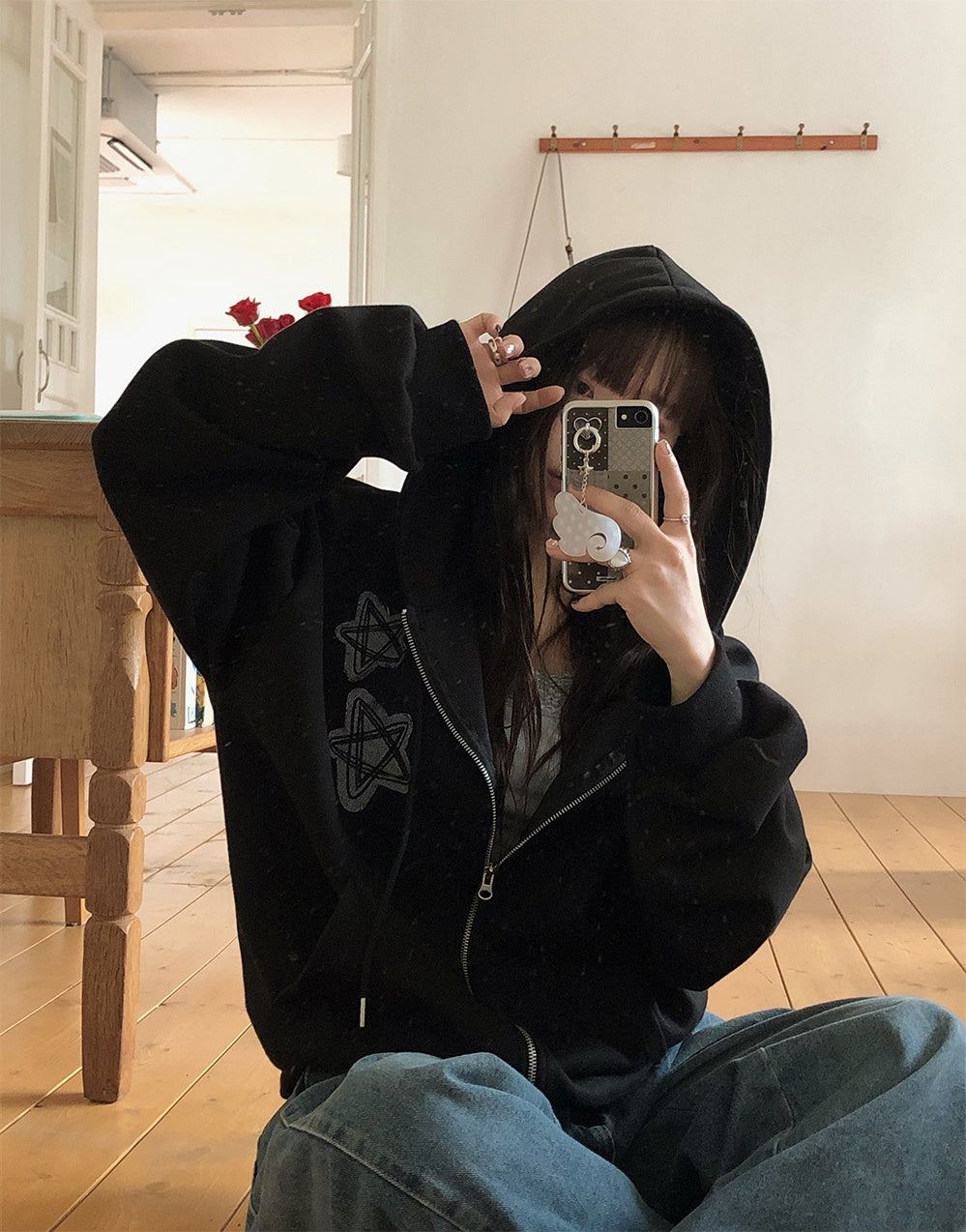 復古 星星刺繡 雙拉鍊 寬鬆 連帽外套 / 2色