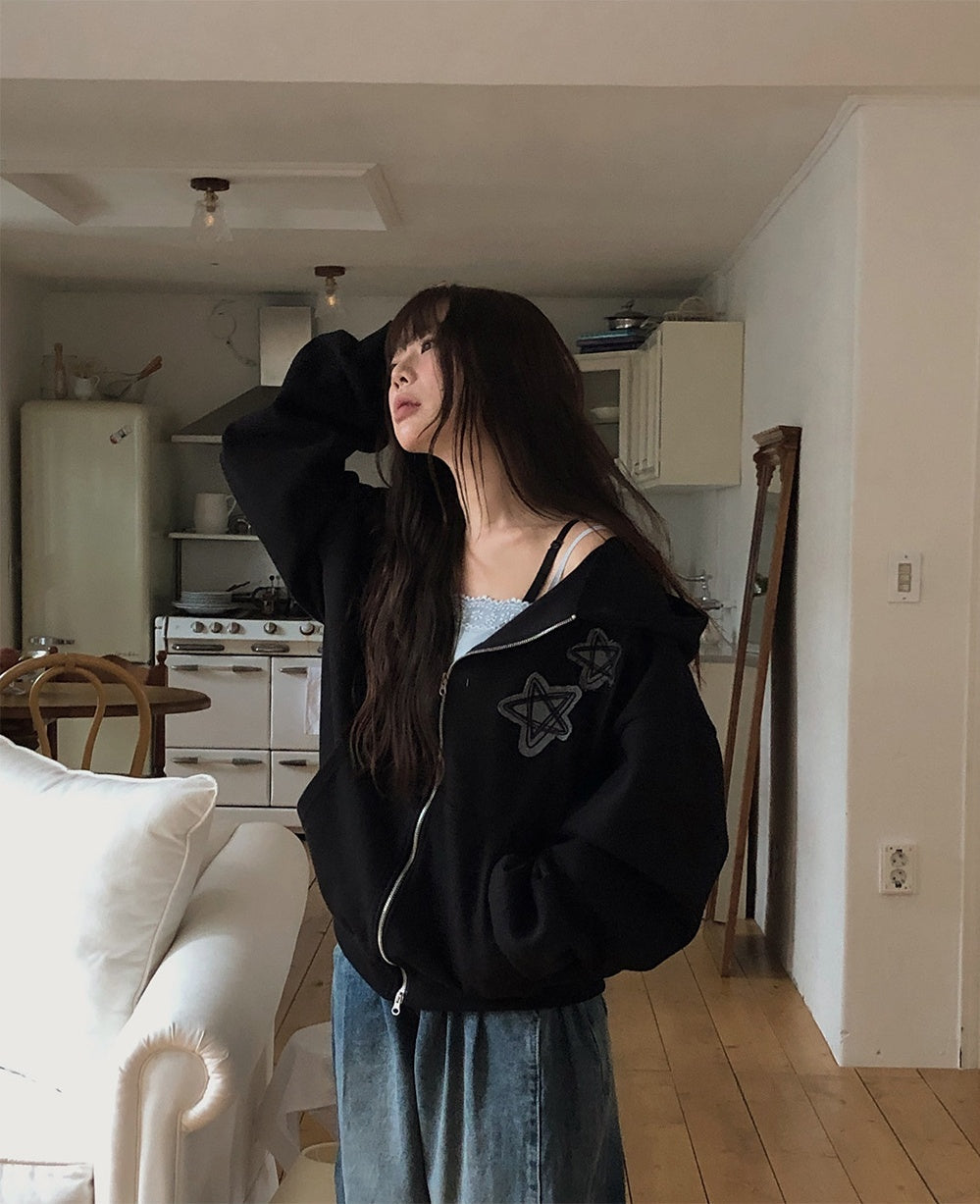 復古 星星刺繡 雙拉鍊 寬鬆 連帽外套 / 2色