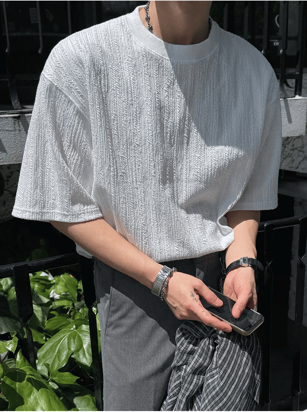 木紋 提花 寬短 短袖 上衣 / 3色 - WHATEVER STUDIO