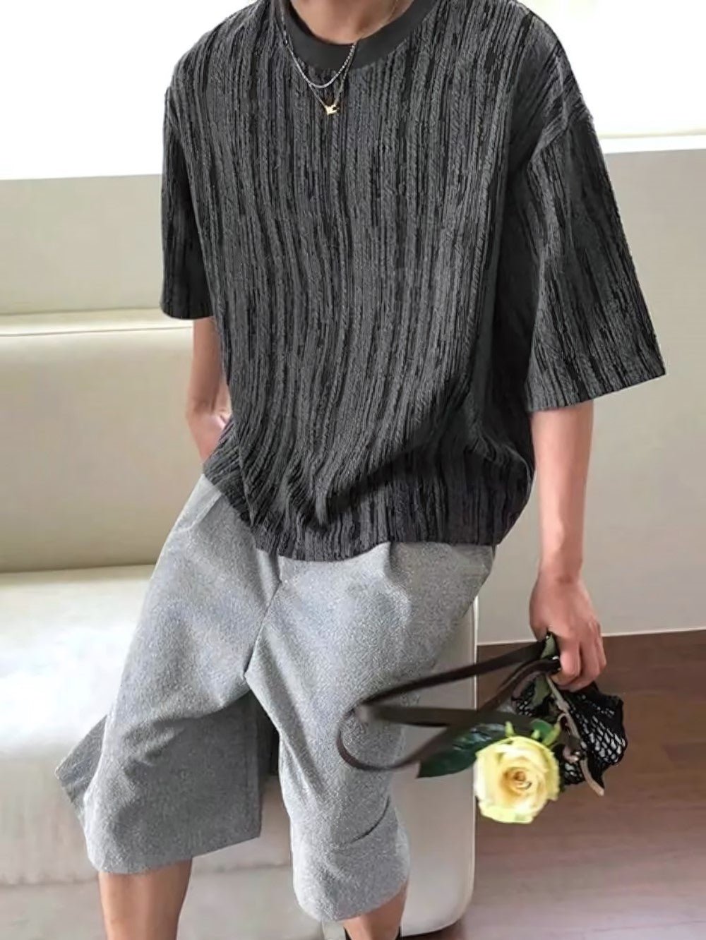 木紋 提花 寬短 短袖 上衣 / 3色 - WHATEVER STUDIO