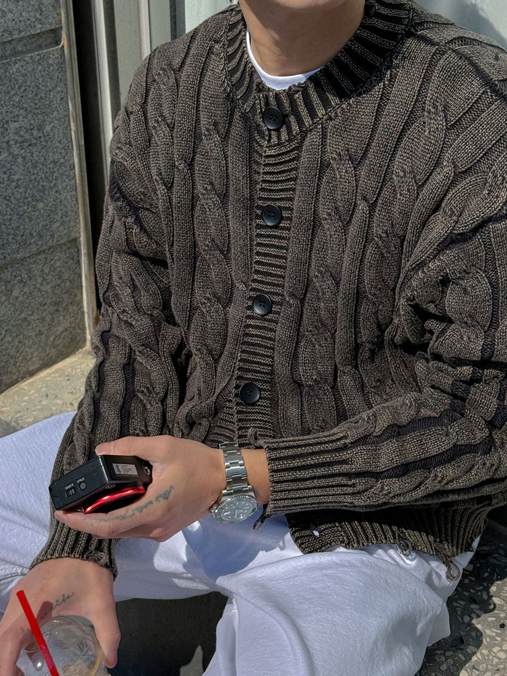 仿舊 提花 破壞 短版 針織外套 / 4色 - WHATEVER STUDIO