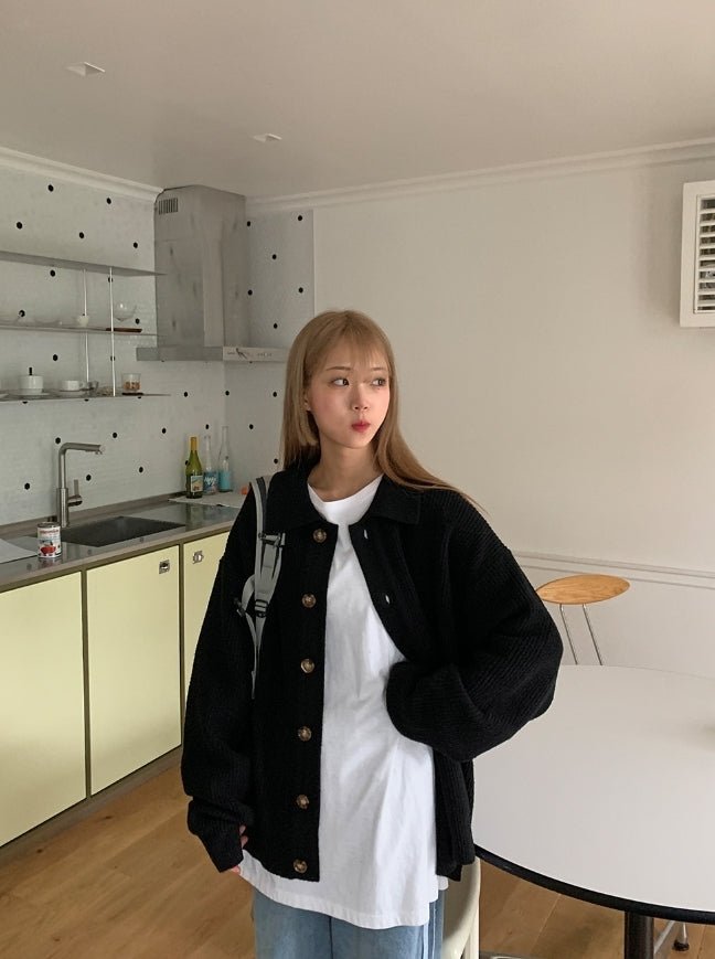 寬鬆 翻領 珍珠釦 針織 開襟衫 / 6色 - WHATEVER STUDIO