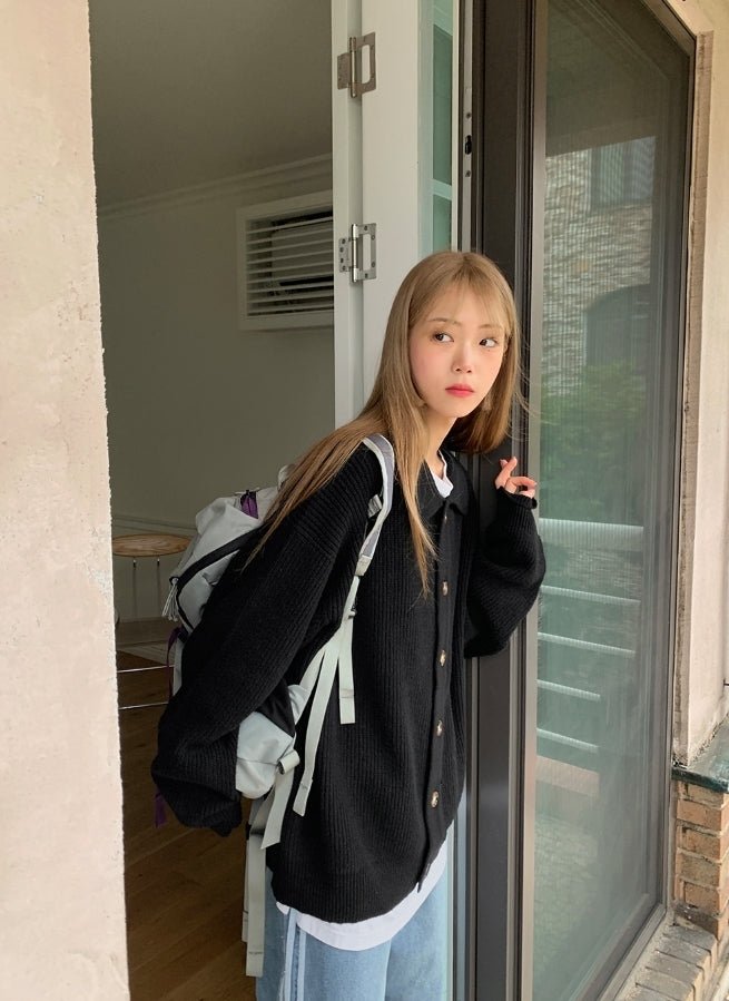 寬鬆 翻領 珍珠釦 針織 開襟衫 / 6色 - WHATEVER STUDIO