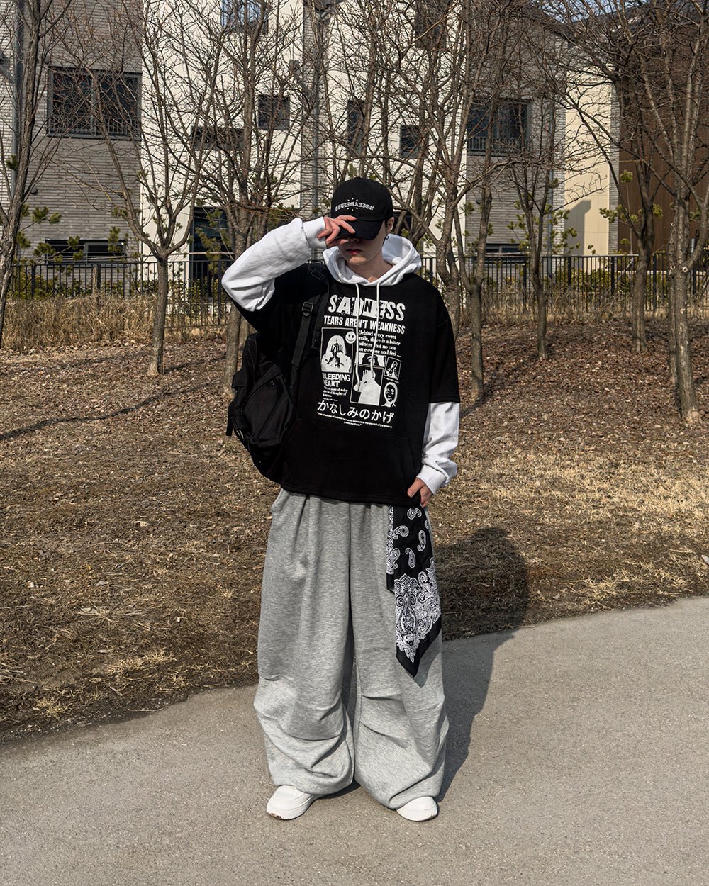 街頭 印花 拼色 假兩件 連帽 帽T / 3色 - WHATEVER STUDIO